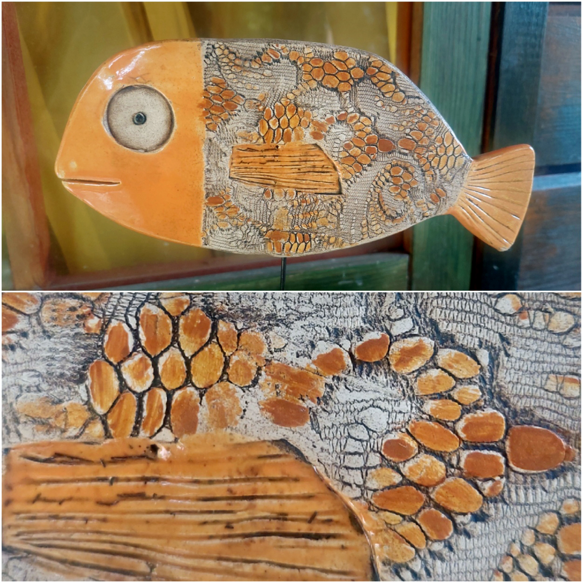 Handgearbeiteter Keramikfisch in Orange und Braun, beidseitig glasiert, dekorativ für Zuhause oder Garten.
