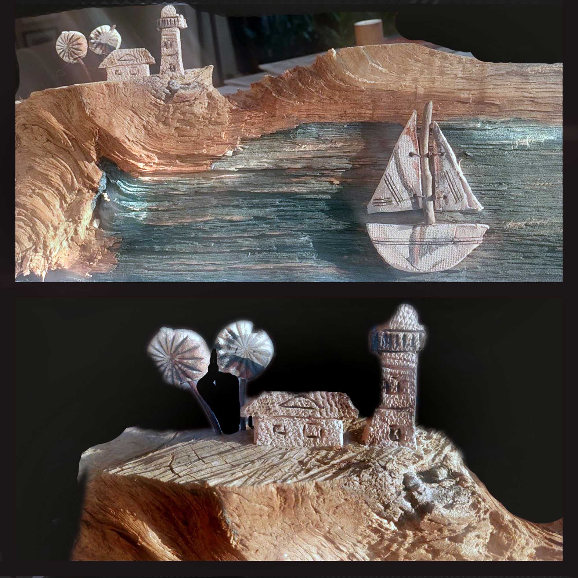 Handgefertigte Keramik Deko auf Treibholz mit Leuchtturm, Haus und Segelboot als maritime Wanddekoration für ein maritimes Wohnambiente.